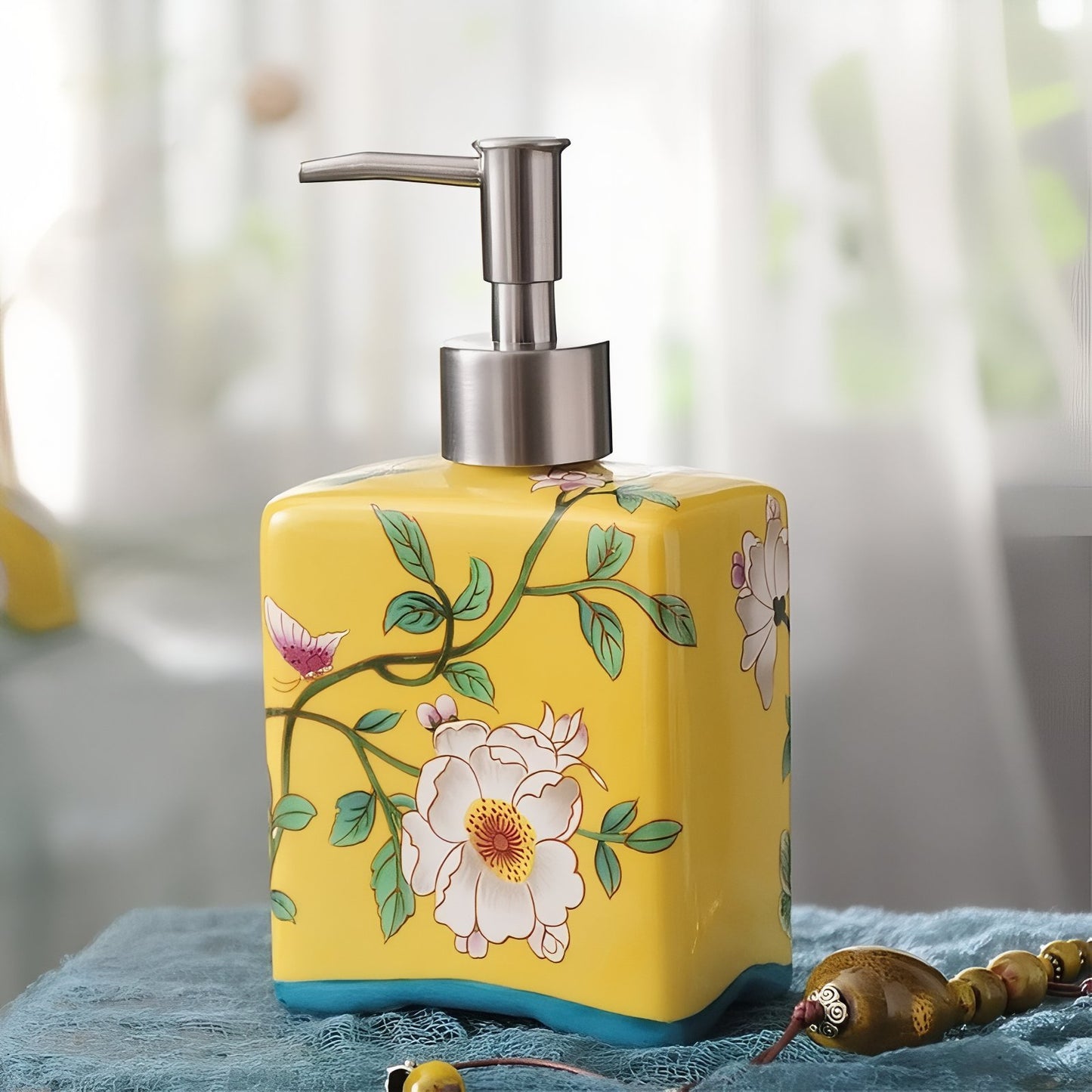 Distributeur De Savon Liquide En Céramique Jaune Motif Fleur Vintage 410 ML