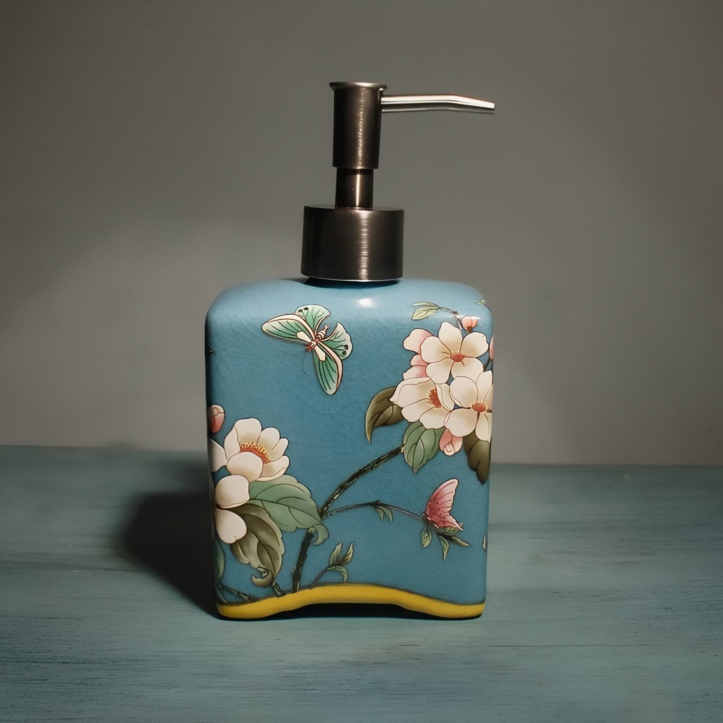 Distributeur De Savon Liquide En Céramique Jaune Motif Fleur Vintage 410 ML