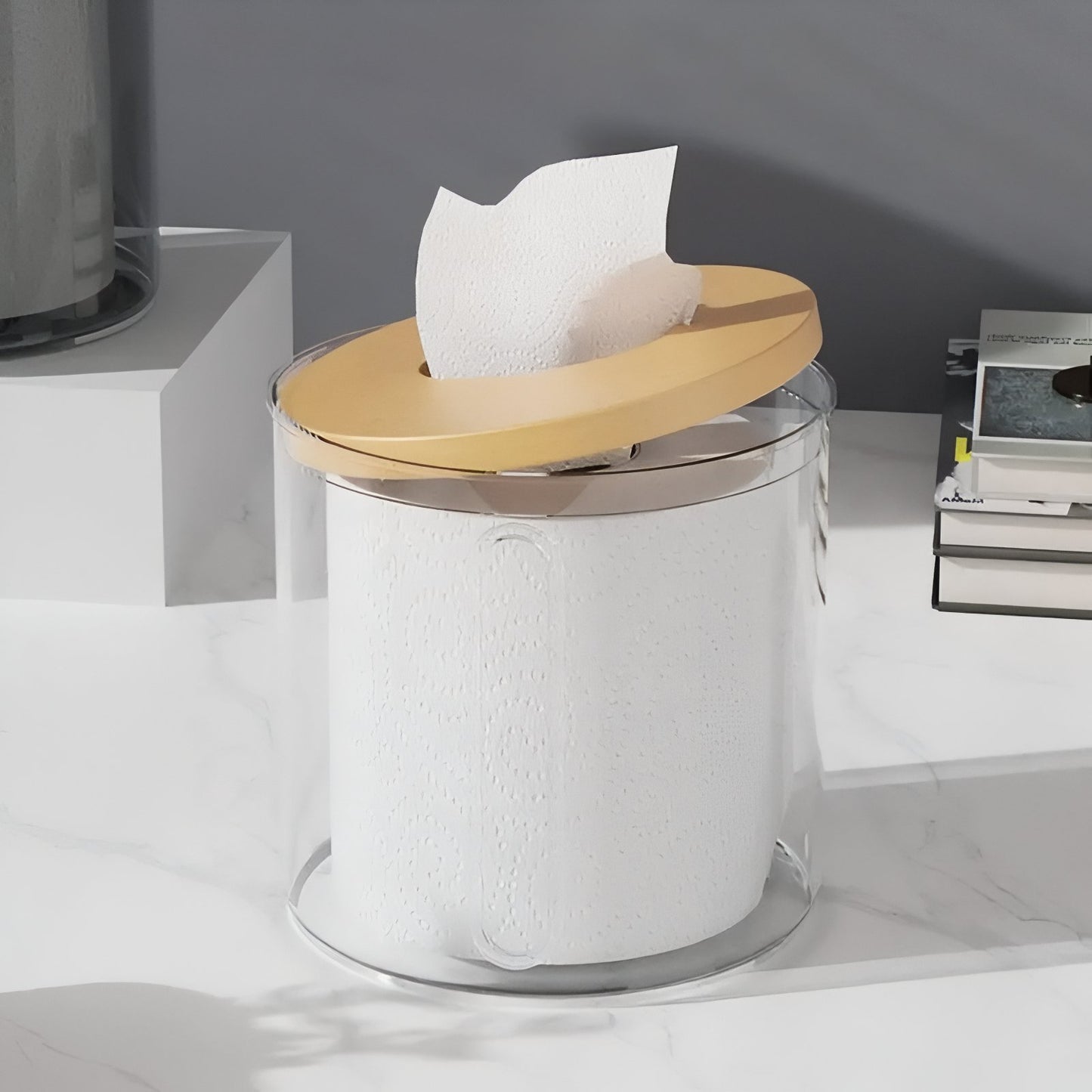 Distributeur De Papier Transparent Avec Couvercle En Bois