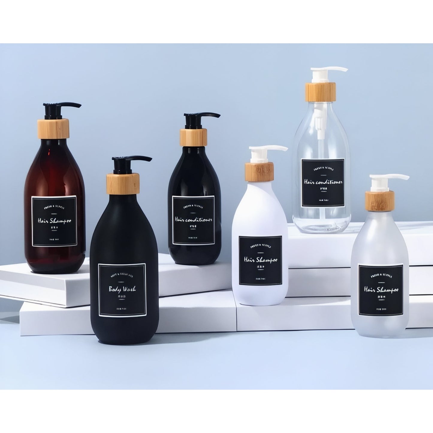 Distributeur de Shampooing et Gel Douche avec Pompe en Bambou