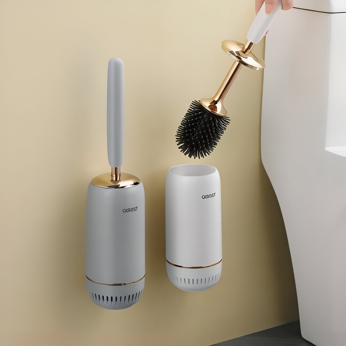 Brosse De Toilette Murale En Silicone Avec Finition Dorée