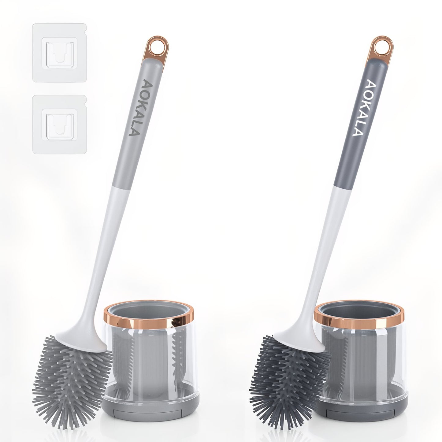 Brosse De Toilette Silicone Avec Support Transparent Et Finition Or Rose