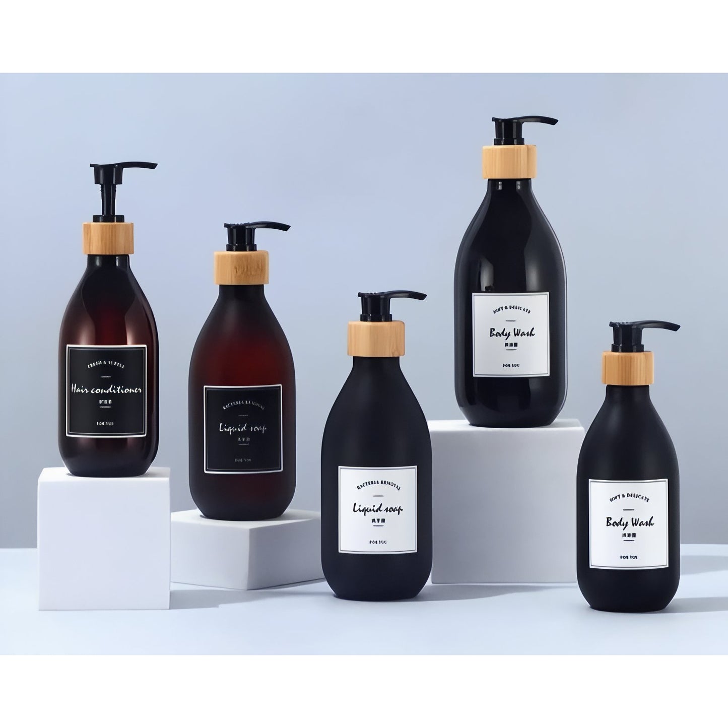 Distributeur de Shampooing et Gel Douche avec Pompe en Bambou