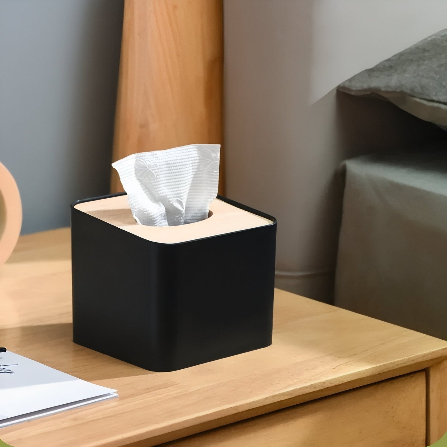 Boîte A Mouchoirs Design Et Compact Noir Avec Couvercle En Bois