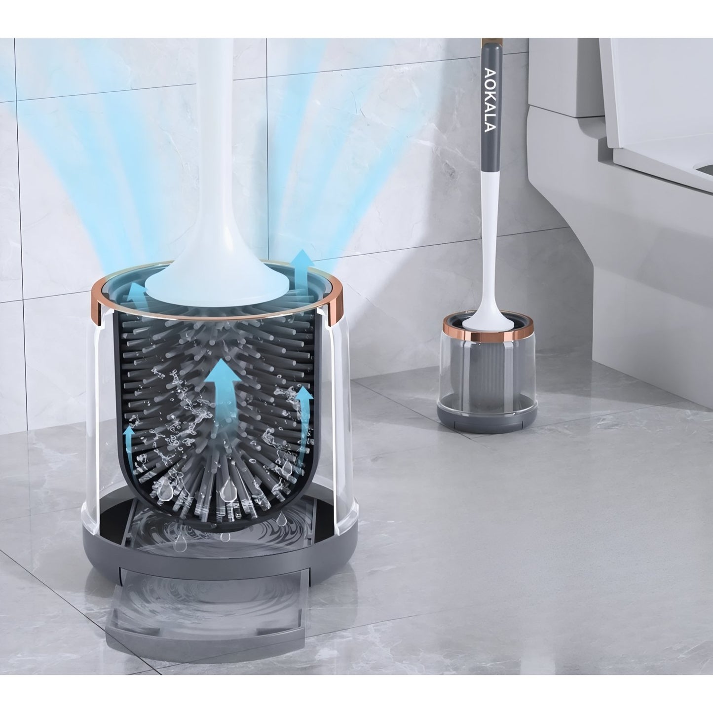 Brosse De Toilette Silicone Avec Support Transparent Et Finition Or Rose