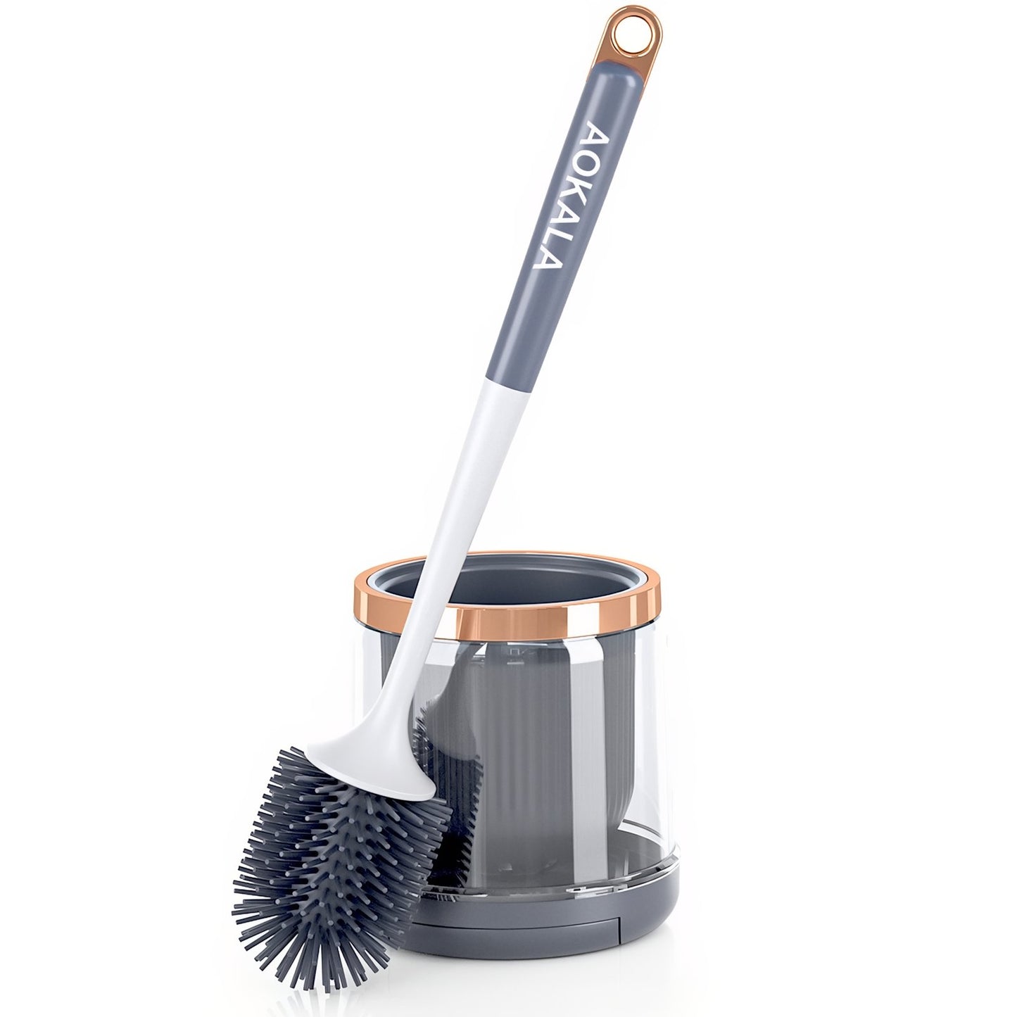 Brosse De Toilette Silicone Avec Support Transparent Et Finition Or Rose