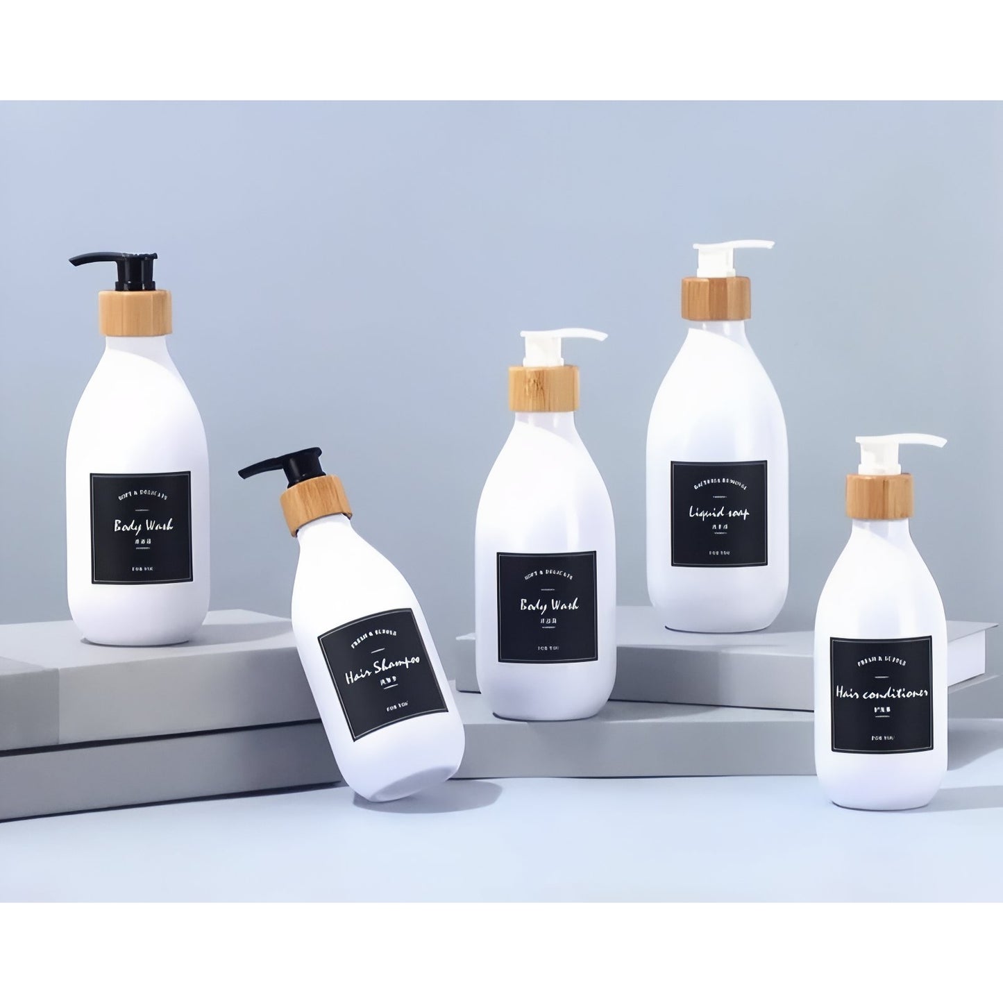 Distributeur de Shampooing et Gel Douche avec Pompe en Bambou