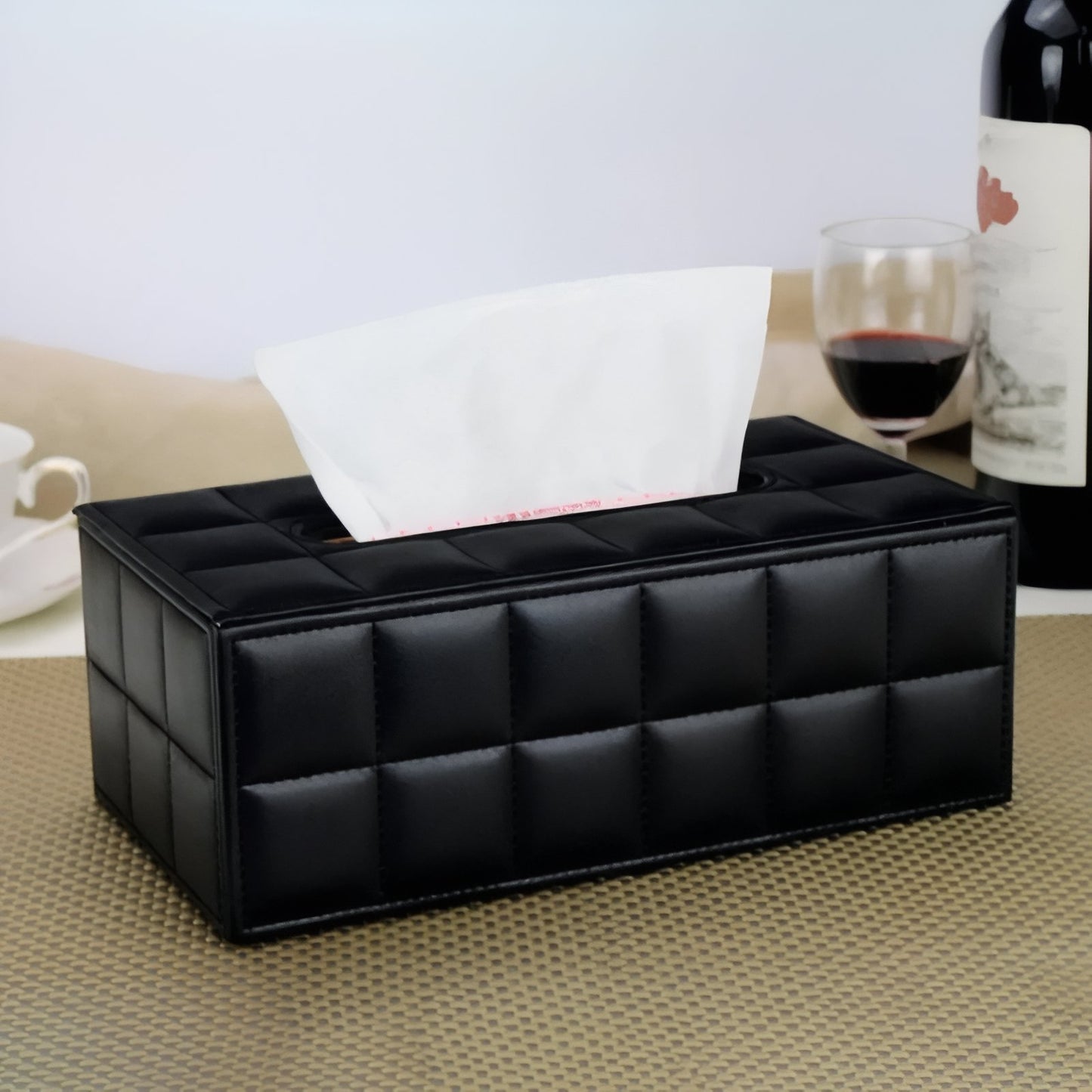Boîte À Mouchoirs En Similicuir Noir Matelassé