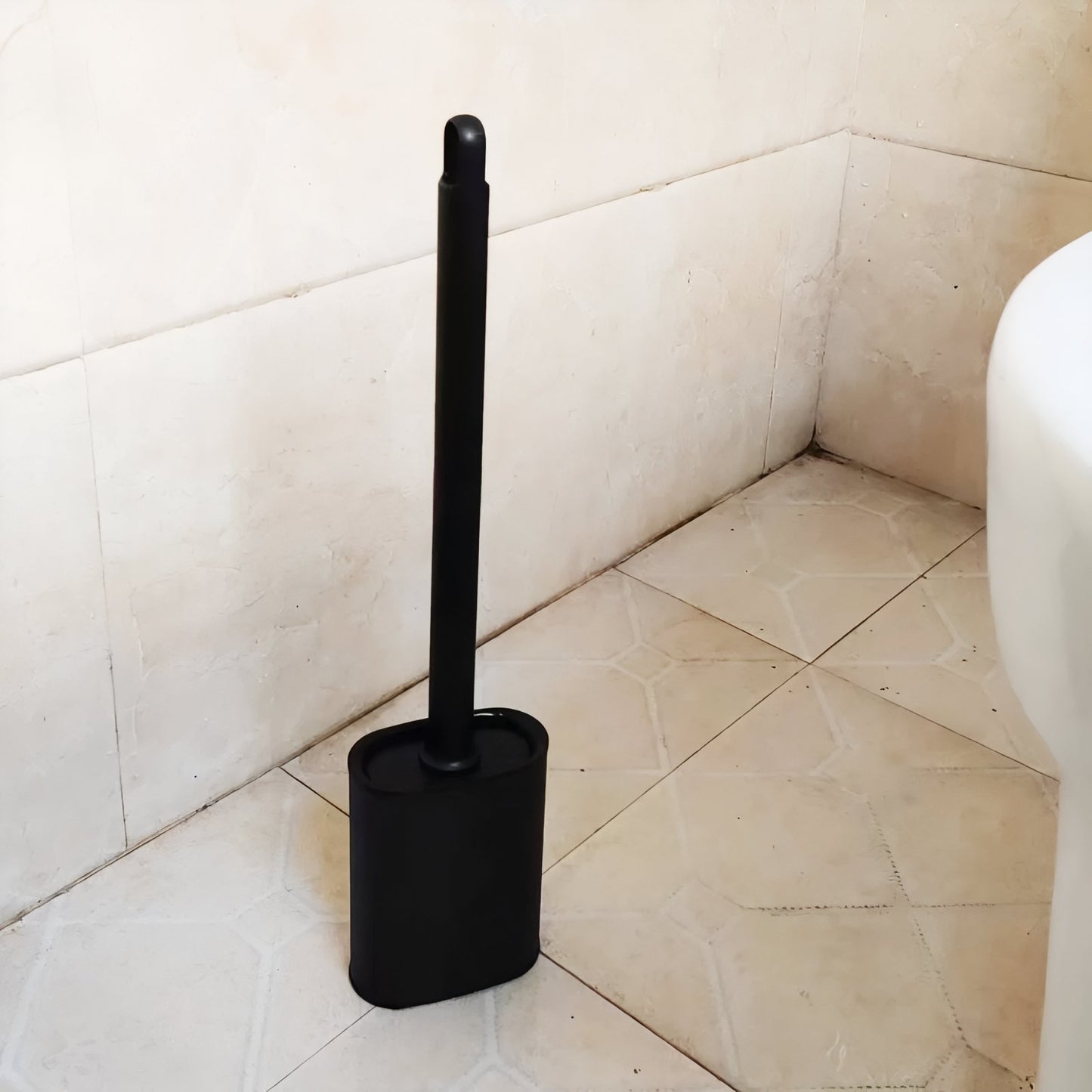 Brosse De Toilette En Silicone Noire Avec Support Compact