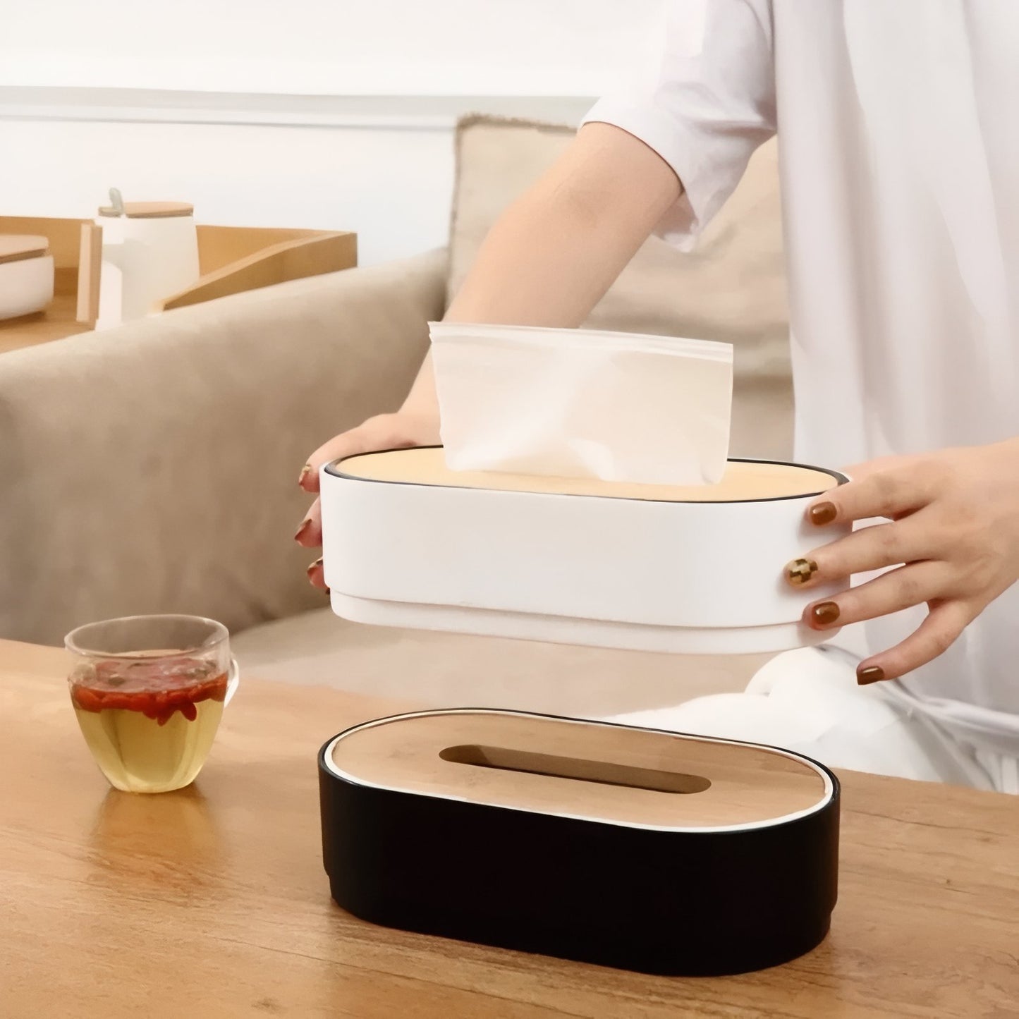 Boîte À Mouchoirs Design Minimaliste Blanc Et Noir Avec Couvercle En Bois