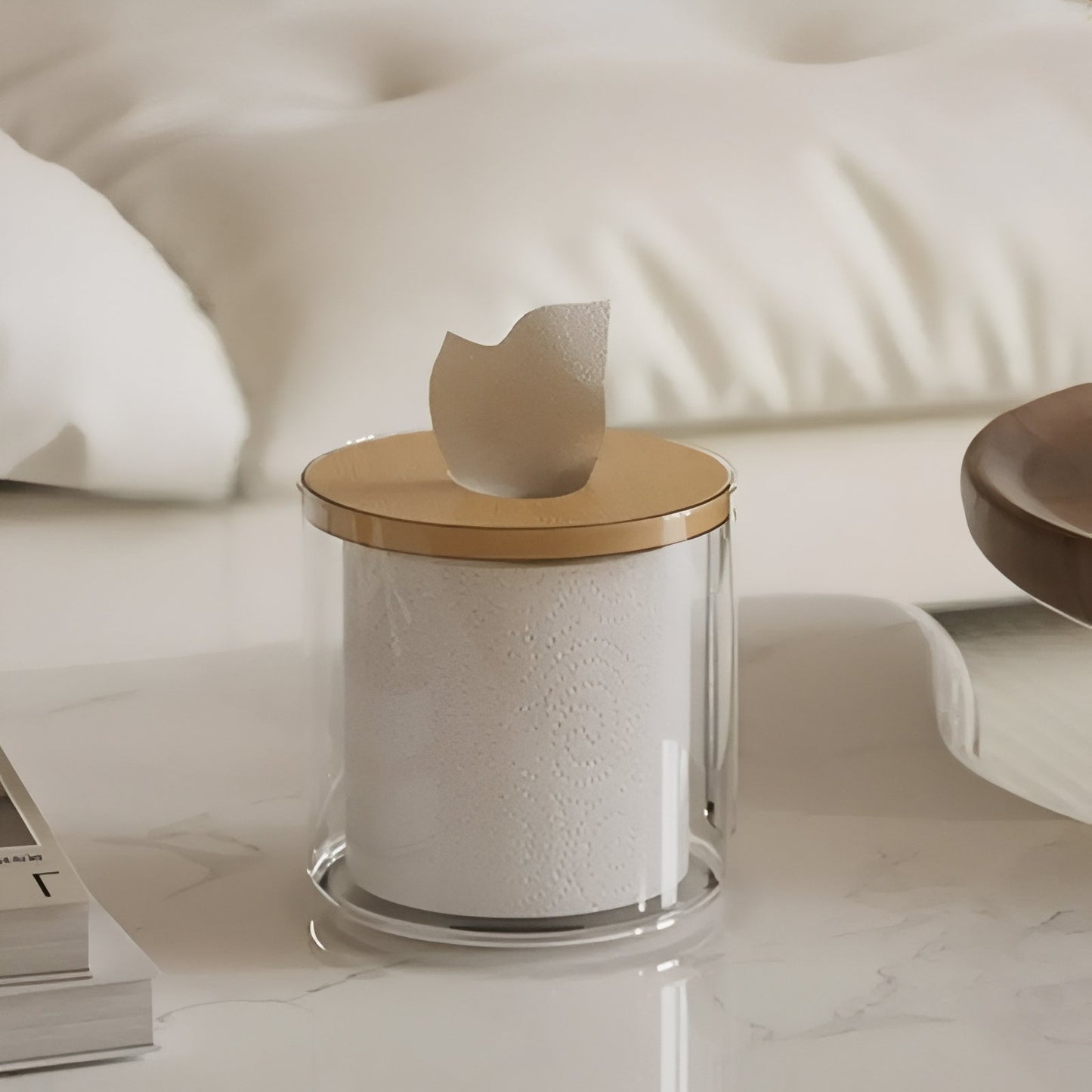 Distributeur De Papier Transparent Avec Couvercle En Bois