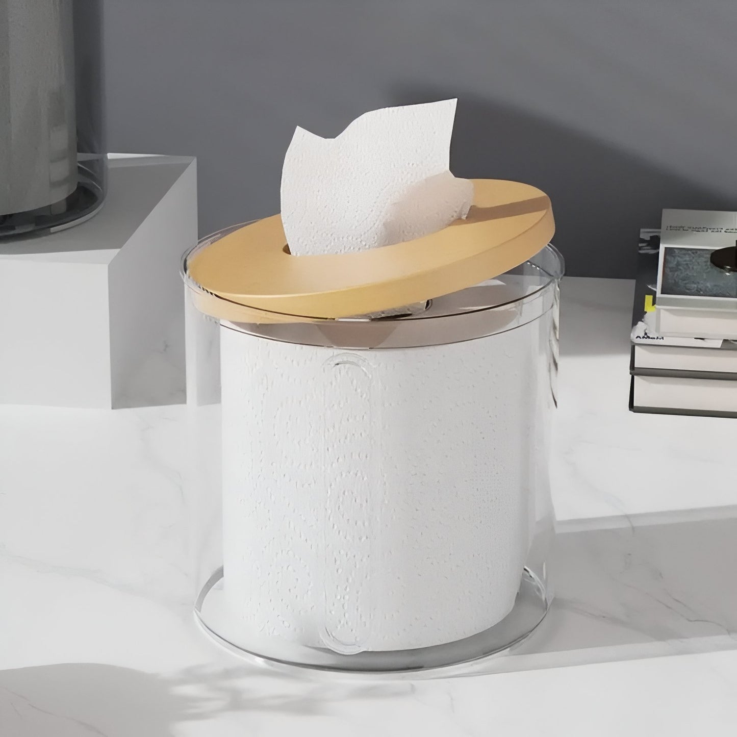 Distributeur De Papier Transparent Avec Couvercle En Bois