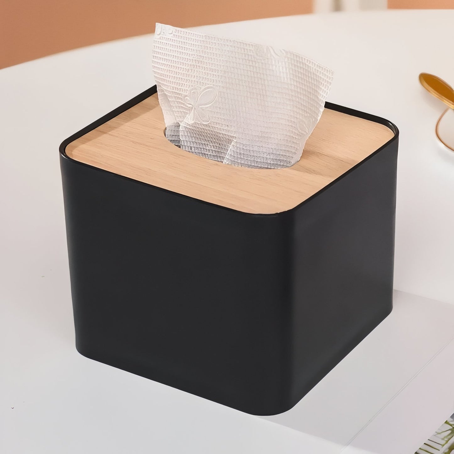 Boîte A Mouchoirs Design Et Compact Noir Avec Couvercle En Bois
