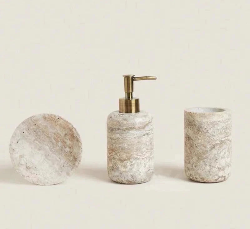 Kit Accessoires Salle de Bain en Marbre Beige Luxe