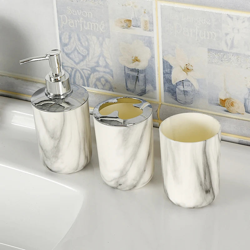 Kit Accessoires Salle de Bain en Plastique Marbré - 3 Eléments