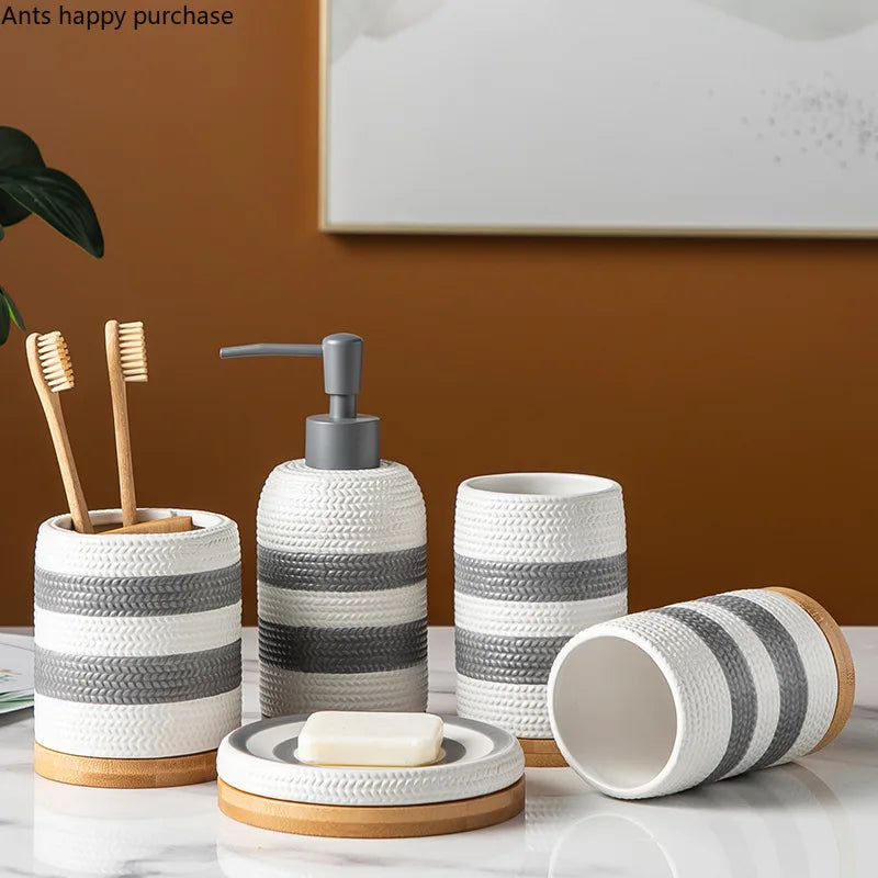 Kit Accessoires Salle De Bain Style Scandinave Avec Motifs Tissés En Résine