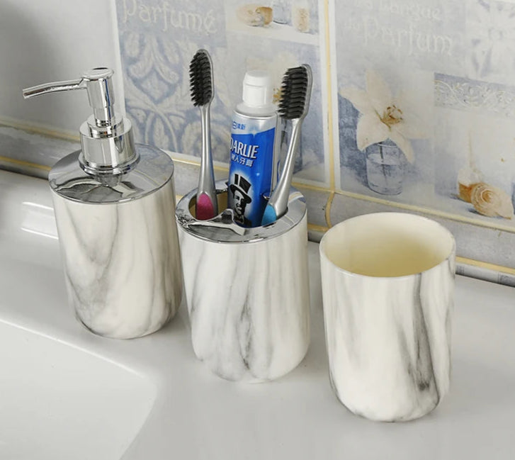 Kit Accessoires Salle de Bain en Plastique Marbré - 3 Eléments