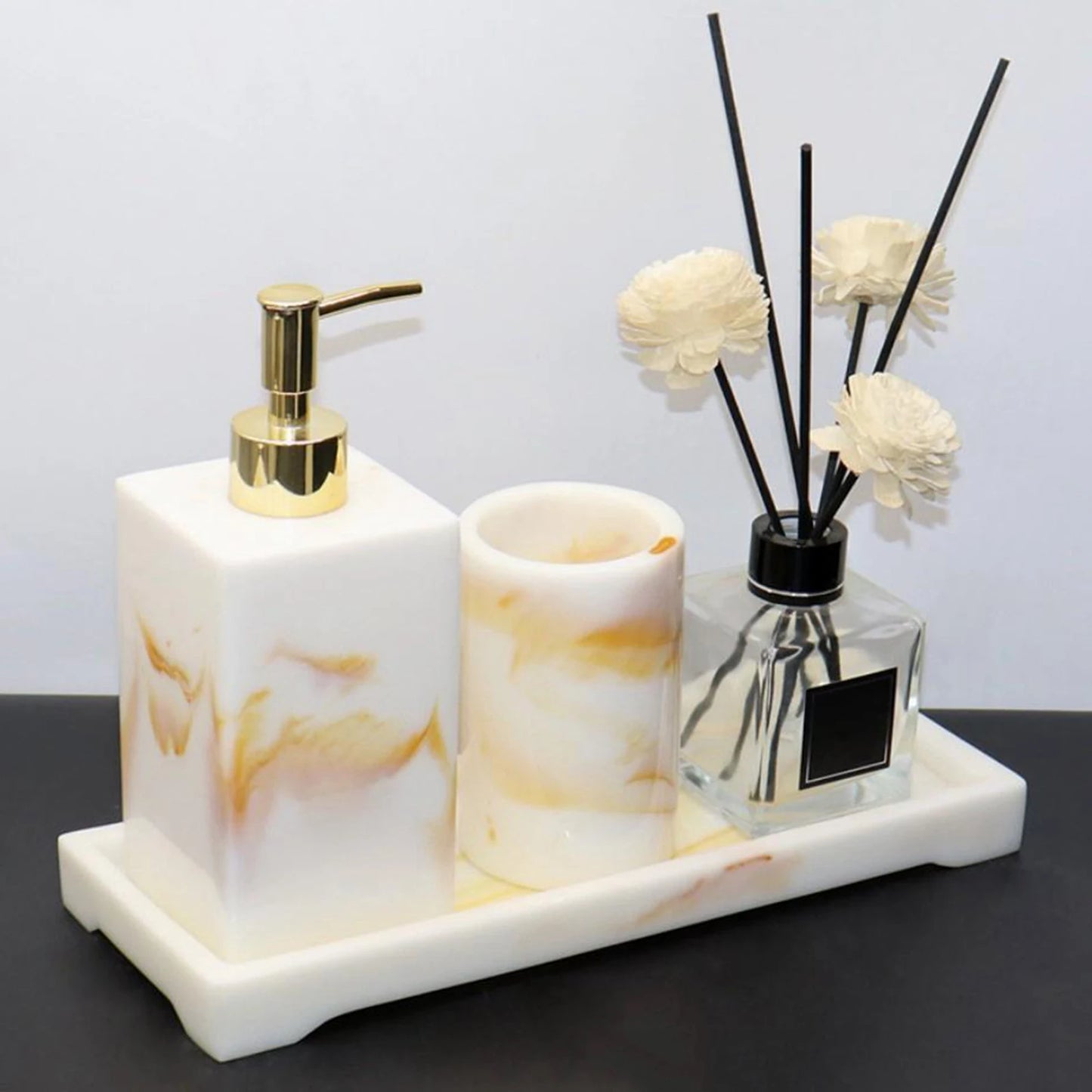 Plateau Rectangulaire Marbré Élégant Pour Accessoires De Salle De Bain