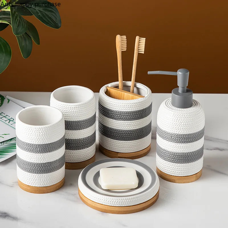 Kit Accessoires Salle De Bain Style Scandinave Avec Motifs Tissés En Résine