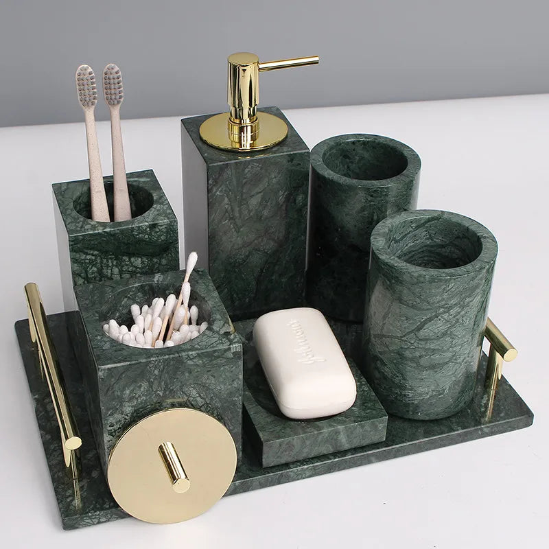 Kit Accessoires Salle de Bain en Marbre Vert