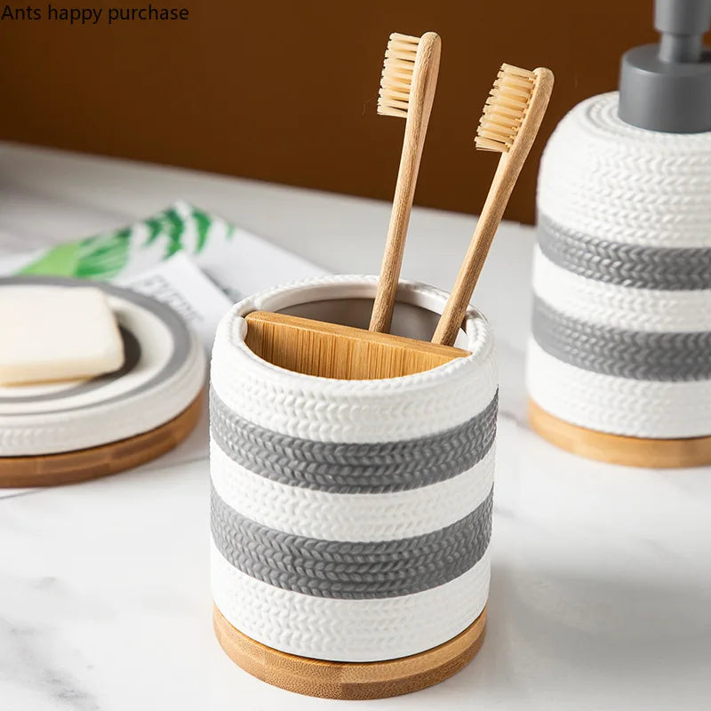 Kit Accessoires Salle De Bain Style Scandinave Avec Motifs Tissés En Résine