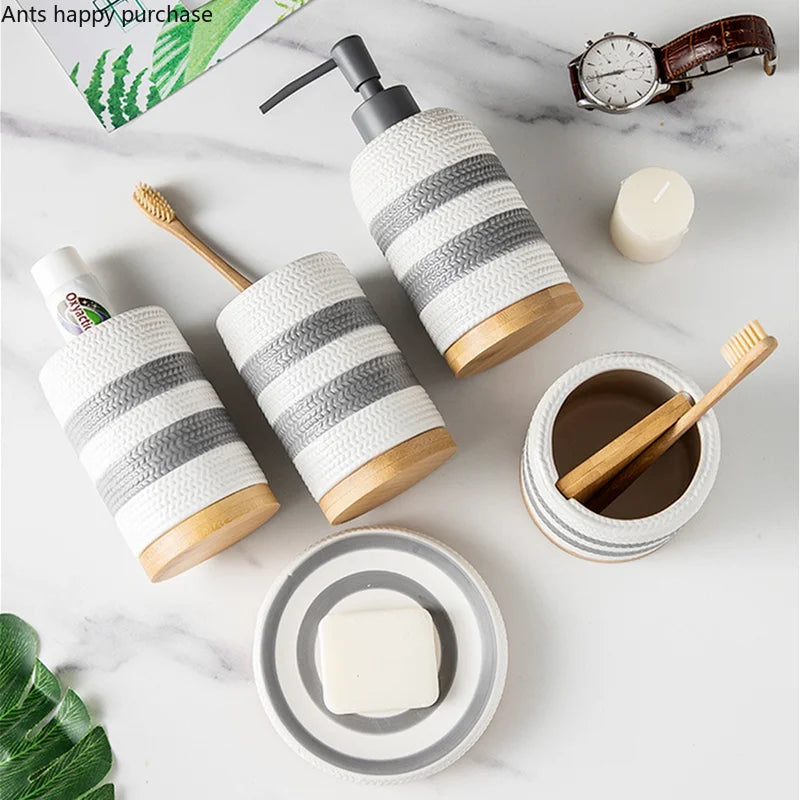 Kit Accessoires Salle De Bain Style Scandinave Avec Motifs Tissés En Résine