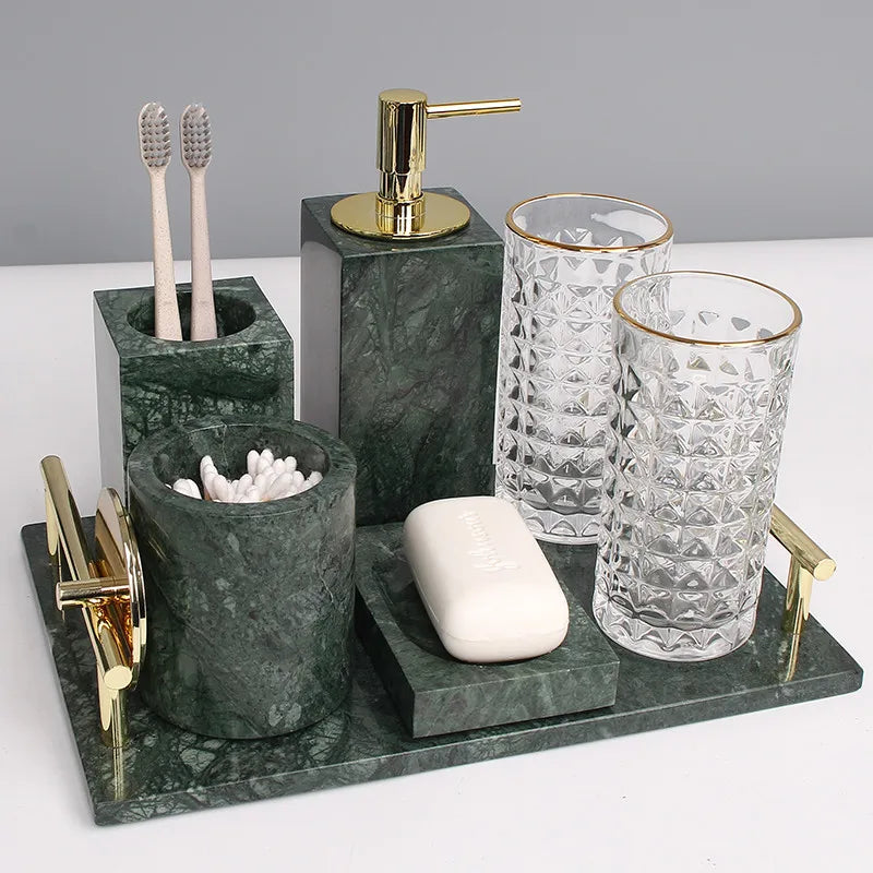 Kit Accessoires Salle de Bain en Marbre Vert