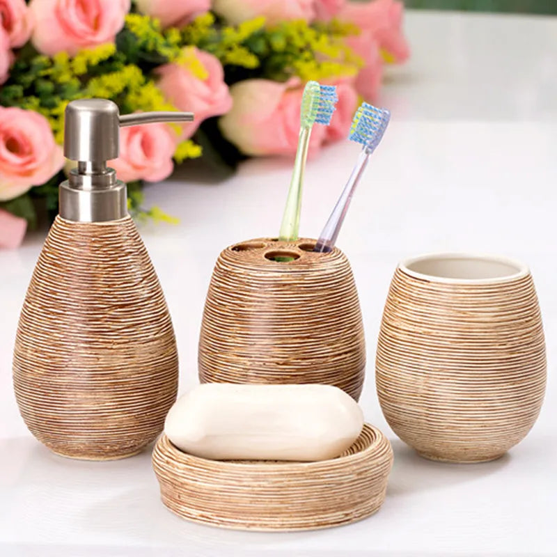 Kit Accessoires De Salle De Bain Style Naturel Avec Distributeur Et Porte-Savon Design