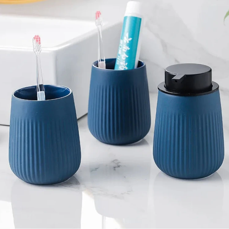 Kit Accessoires Salle De Bain Bleus En Céramique Minimaliste