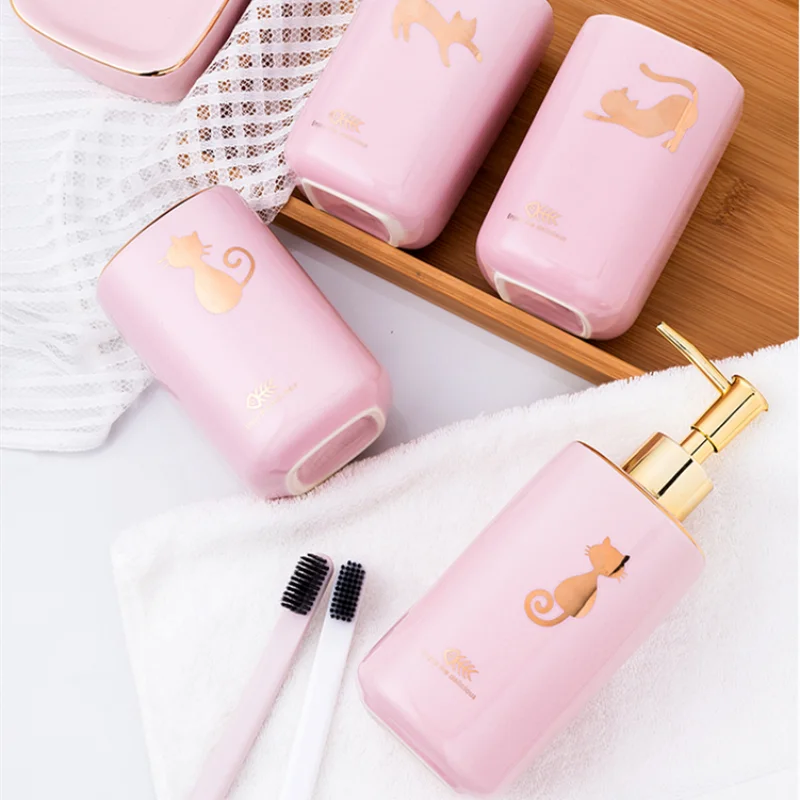 Kit Accessoires Salle de Bain en Céramique Rose