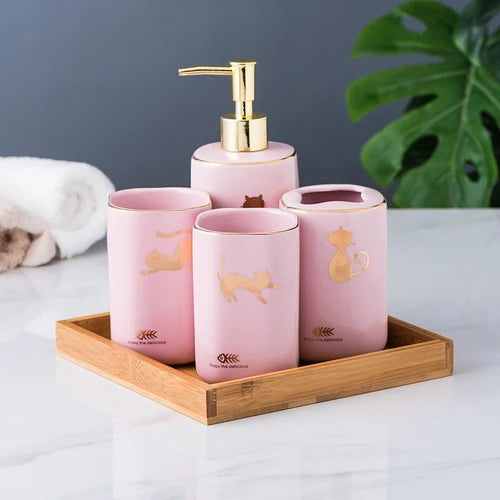 Kit Accessoires Salle de Bain en Céramique Rose