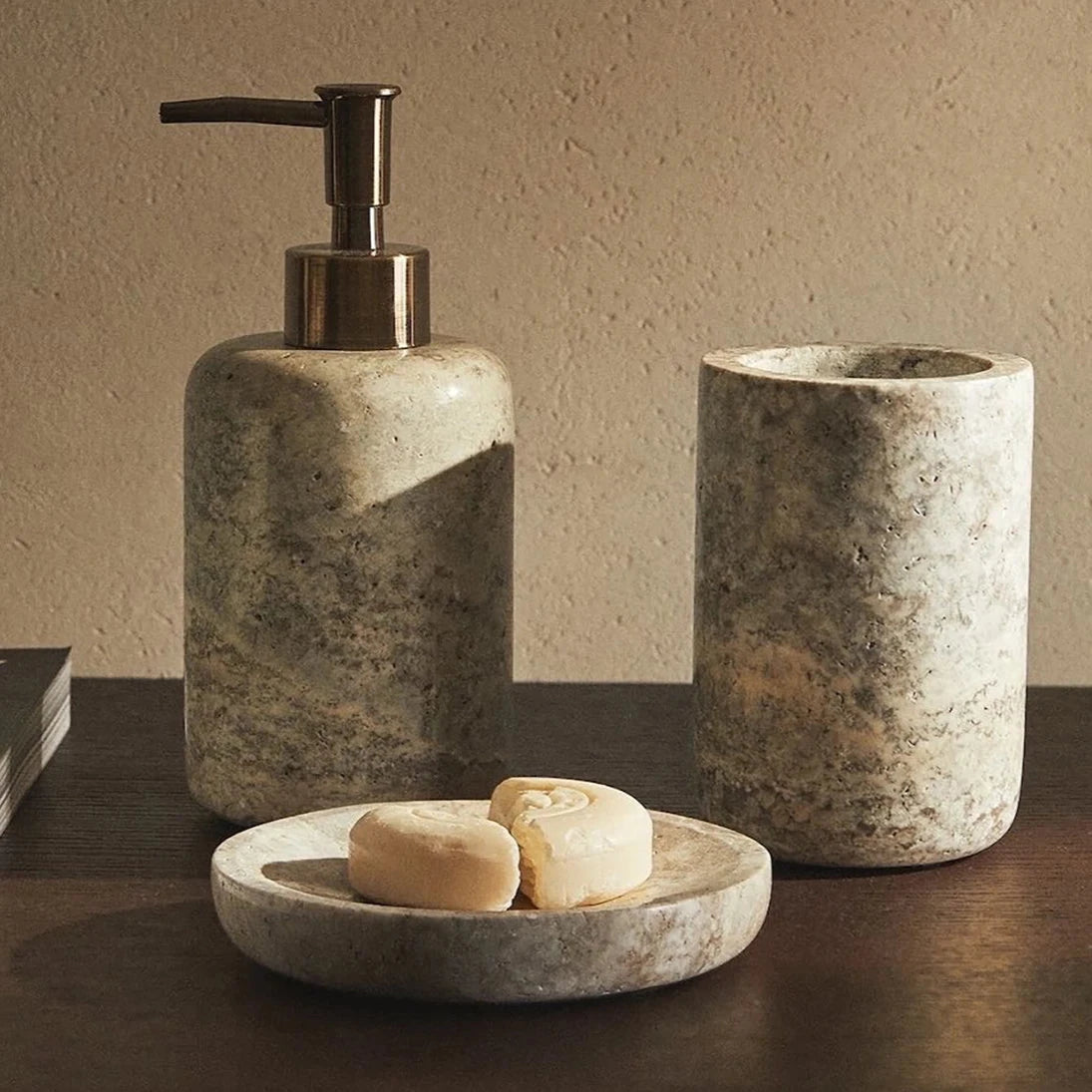 Kit Accessoires Salle de Bain en Marbre Beige Luxe