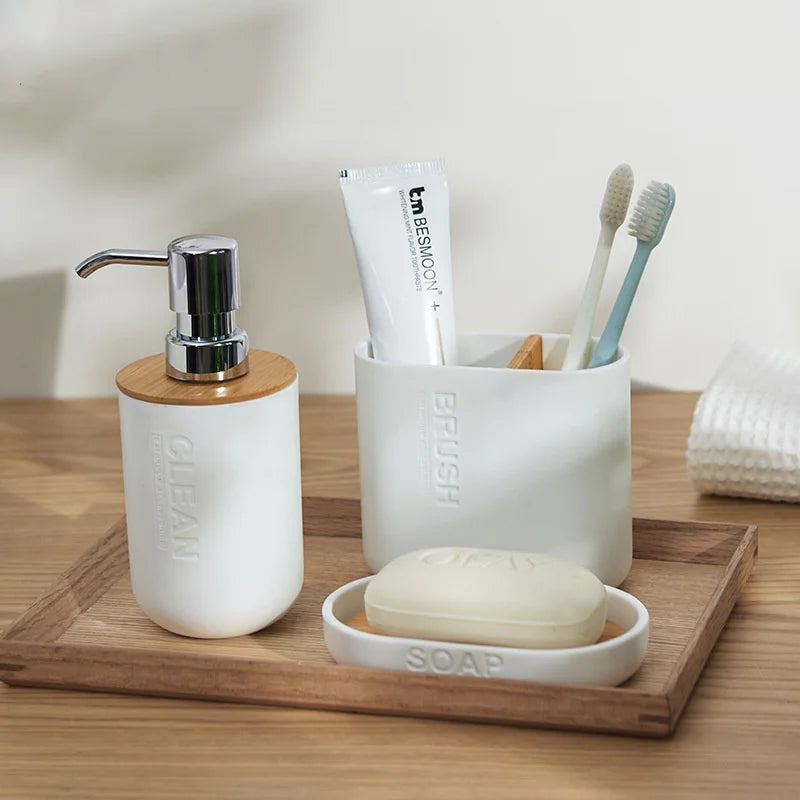 Kit Accessoires pour Toilette Blanc et Bois Composé de 6 Eléments