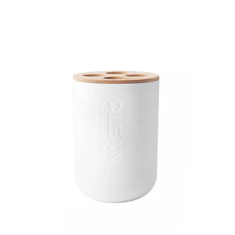 Kit Accessoires pour Toilette Blanc et Bois Composé de 6 Eléments