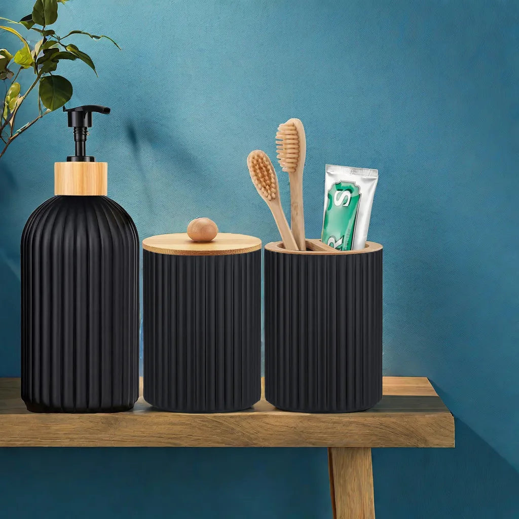 Kit Accessoires Salle De Bain Noir Épuré Avec Détails En Bambou