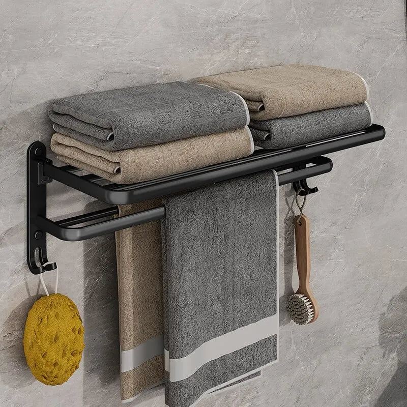 Porte-Serviettes Mural Multifonction Avec Étagère De Rangement En Aluminium Noir Mat