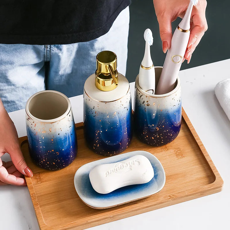 Kit Salle De Bain Céramique Bleu Dégradé Avec Porte-Savon Et Distributeur Luxe