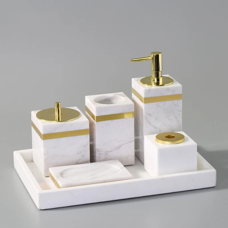 Kit Accessoires Salle de Bain en Marbre Naturel Blanc et Or