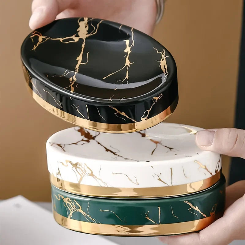 Porte-Savon En Céramique Marbrée Luxe Avec Finitions Dorées