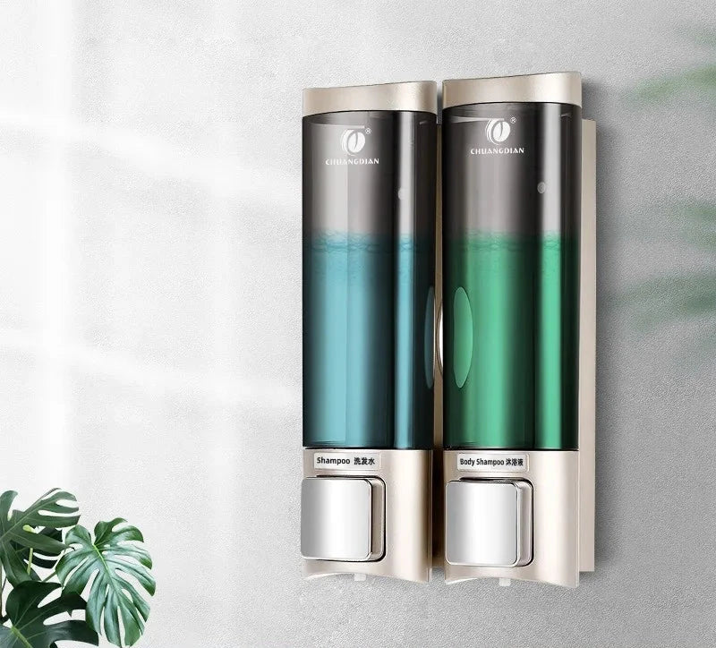 Distributeur Mural Double De Savon Et Shampooing En Plastique Doré