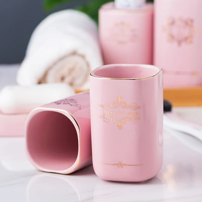 Kit Accessoires Salle de Bain en Céramique Rose
