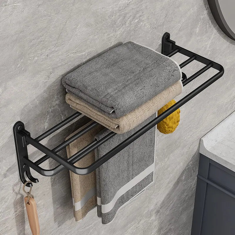 Porte-Serviettes Mural Multifonction Avec Étagère De Rangement En Aluminium Noir Mat