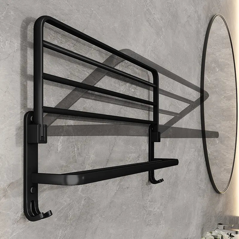 Porte-Serviettes Mural Multifonction Avec Étagère De Rangement En Aluminium Noir Mat