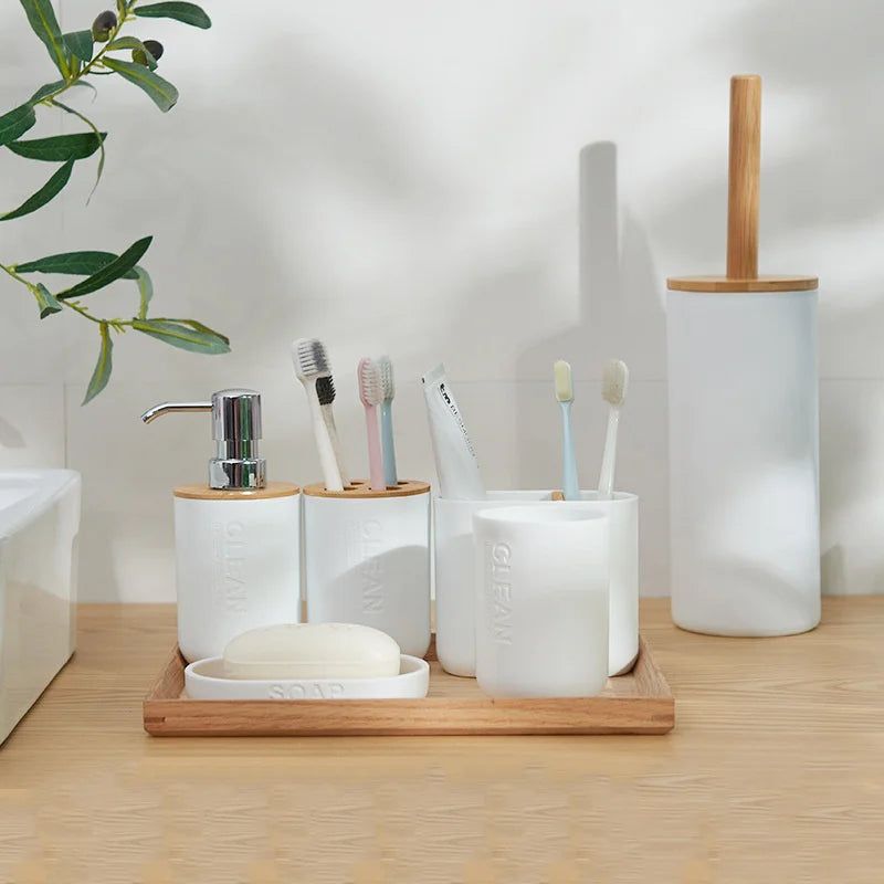 Kit Accessoires pour Toilette Blanc et Bois Composé de 6 Eléments