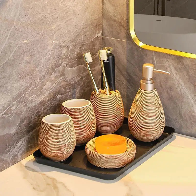 Kit Accessoires De Salle De Bain Style Naturel Avec Distributeur Et Porte-Savon Design