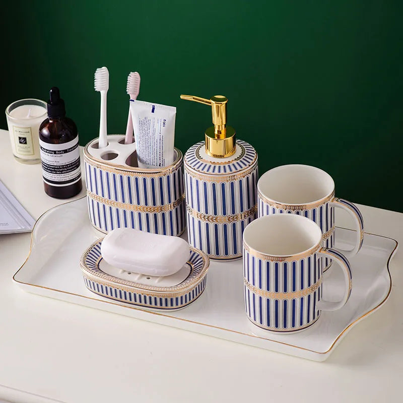 Kit Accessoires Salle de Bain Blanc Or Bleu ou Rose