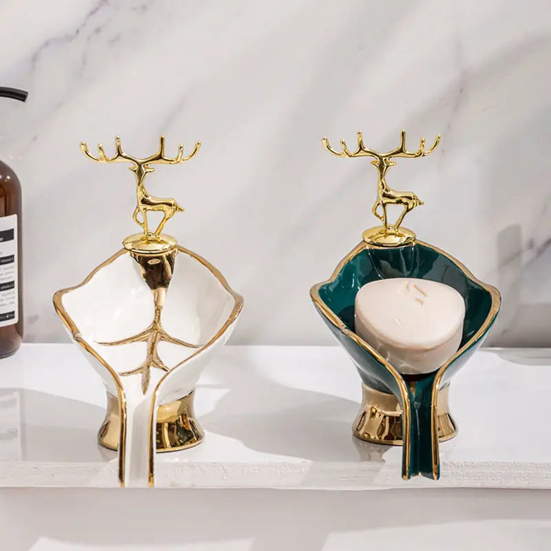 Porte-Savon Feuille Design Luxe Avec Ornement Cerf En Métal