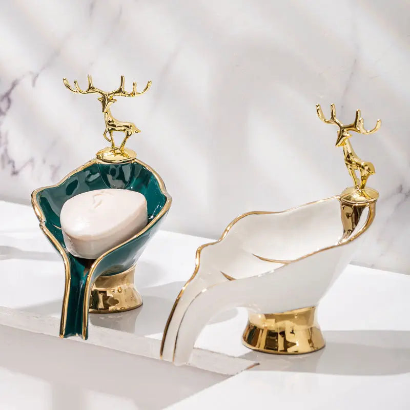Porte-Savon Feuille Design Luxe Avec Ornement Cerf En Métal