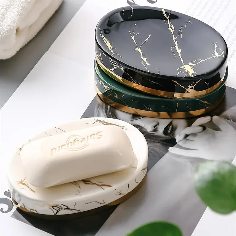 Porte-Savon En Céramique Marbrée Luxe Avec Finitions Dorées
