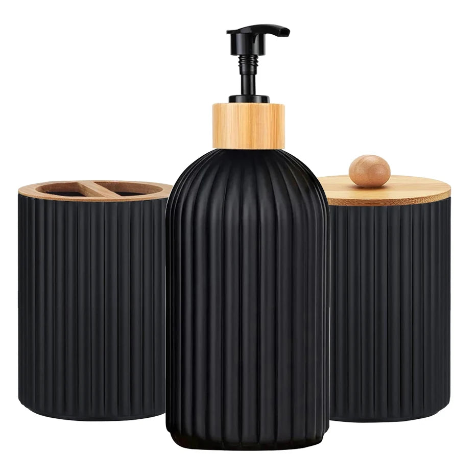 Kit Accessoires Salle De Bain Noir Épuré Avec Détails En Bambou